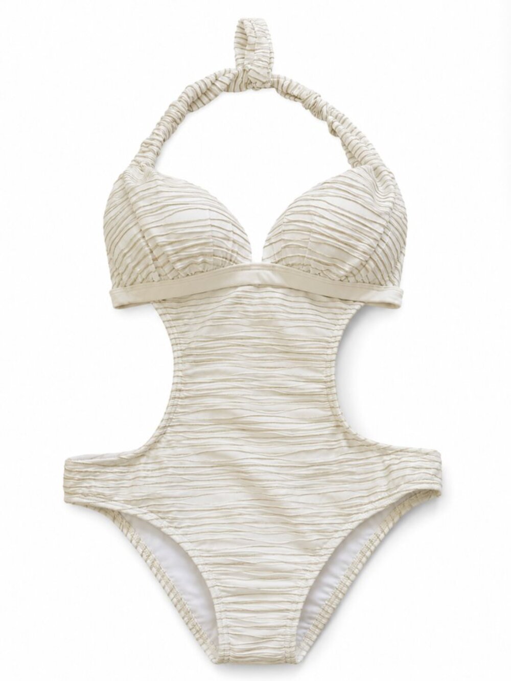 🦋 2/30 VENUS White Gold Stripe Halter Cutout One Piece Swimsuit Size 8